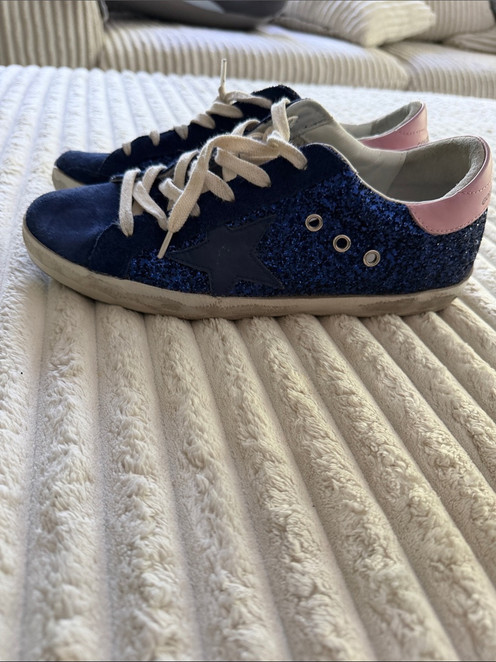 Golden Goose Navy Glitter Low-Top Sneakers with Pink Heel - Picture 3 of 4